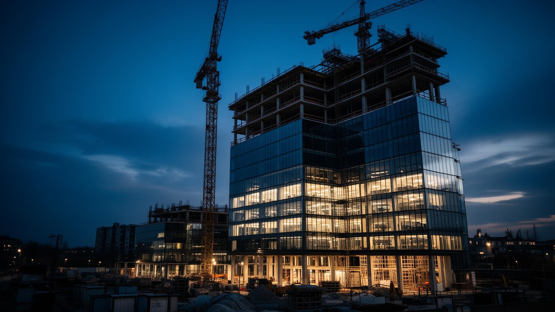 Shitshwane Construction — commercial office tower under construction at dusk