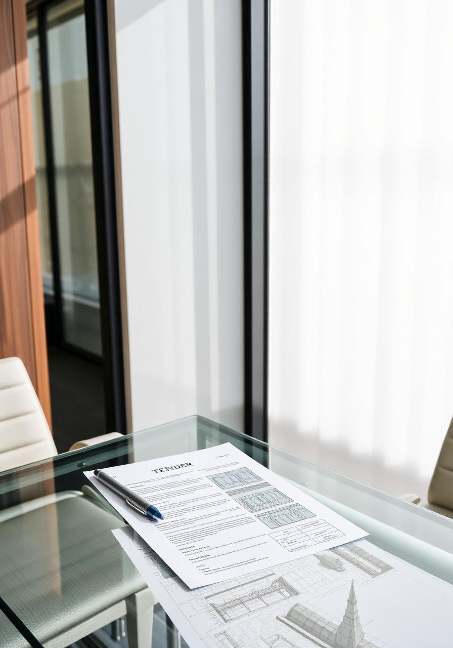 Shitshwane Construction — tender document and architectural plans on a boardroom table